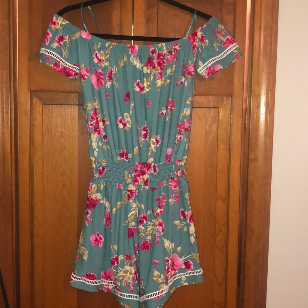 Teal floral romper